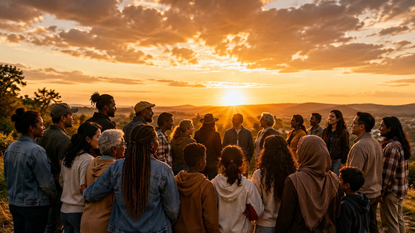 A diverse multigenerational community gathered together at sunset, representing unity, service, and recognition.